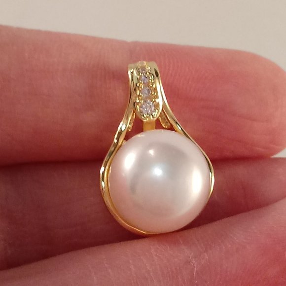 Gold 925 Silver Genuine White South Sea Pearl Diamond Zircon Necklace Pendant - Picture 2 of 4